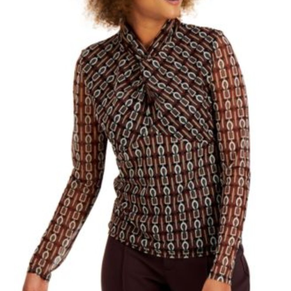 INC Blouse M Sheer Sleeves Chain Link Pattern 876